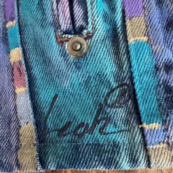 Vintage 1980s Hand Painted Denim Purple & Teal Women's Crop Jean Jacket - Picture 12 of 17